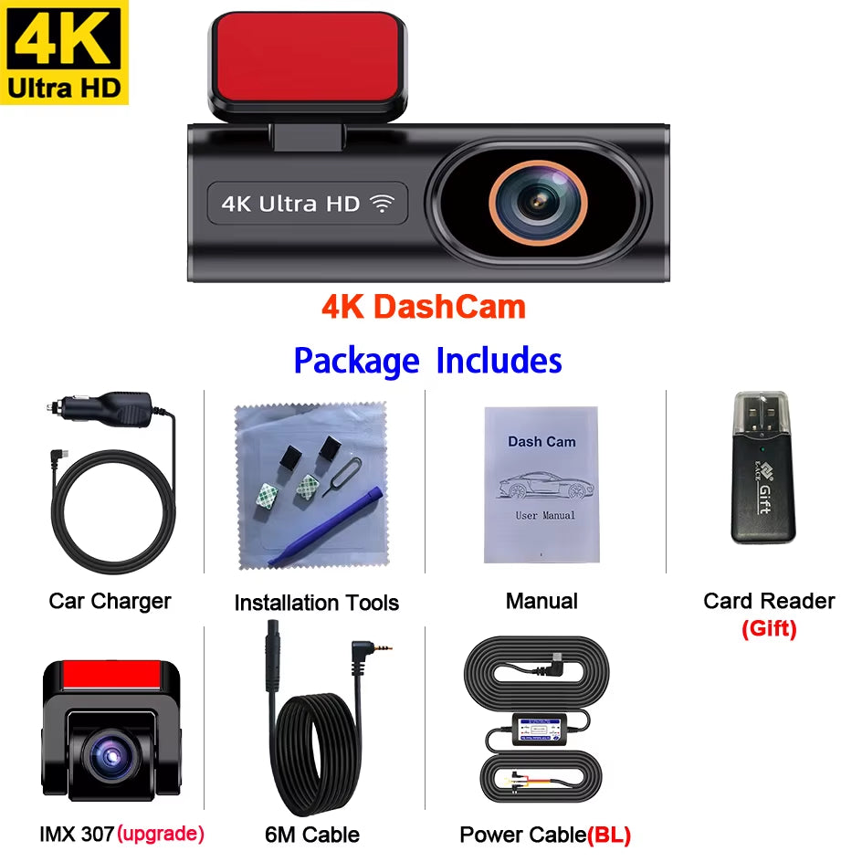 Ultra HD Dash Cam 4K Loop Recording 24H Parking Monitoring Optional 1080P Night Vision Rear Camera Supports Wifi APP Control