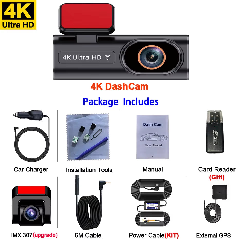 Ultra HD Dash Cam 4K Loop Recording 24H Parking Monitoring Optional 1080P Night Vision Rear Camera Supports Wifi APP Control